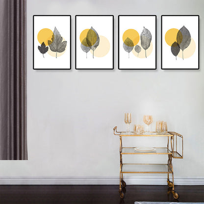 Yellow Nordic Canvas Print Illustrated Leaf with Circle Pattern Wall Art for Living Room