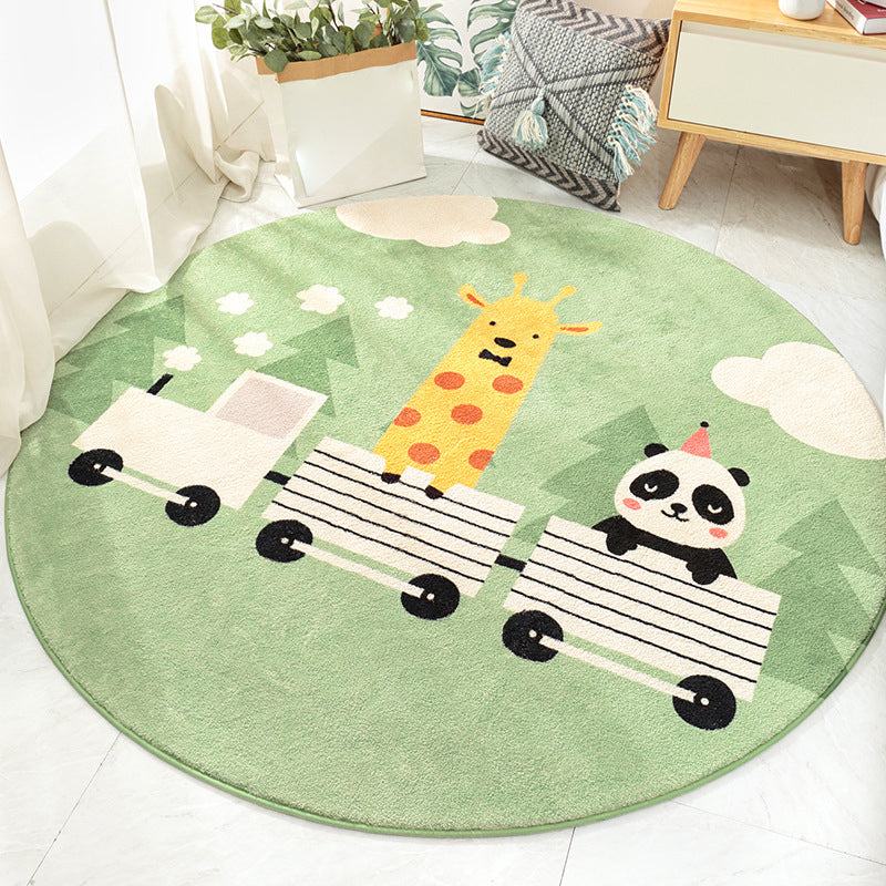 Cute Kids Rug in Orange and Green Animal Cat Panda Train Pattern Rug Polyester Washable Carpet for Children's Room