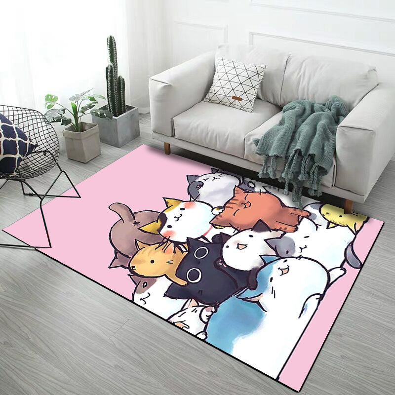 Cute Kids Rug in Black and Pink Animal Cat Dog Pattern Rug Polyester Machine Washable Carpet for Children's Room