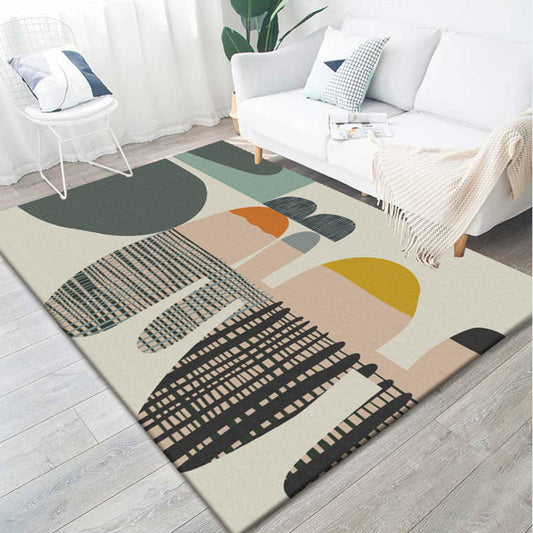 Novelty Stripe Colorblock Print Rug in Ivory Polyester Carpet Washable Area Rug for Home Decoration