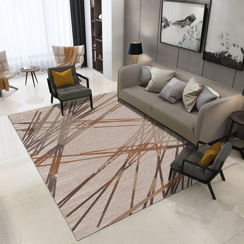 Contemporary Novelty Rug in Brown Geometry Lines Print Area Rug Polyester Washable Carpet for Bedroom