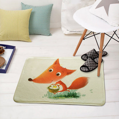 Green and White Nursery Rug Kids Animal Hedgehog Pig Fox Pattern Area Rug Polyester Non-Slip Backing Carpet