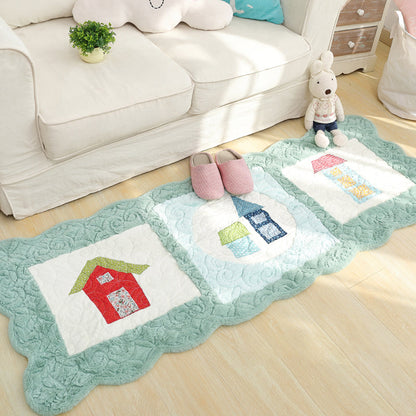 Novelty House Pattern Rug Green and Grey Kids Rug Polyester Washable Pet Friendly Anti-Slip Carpet for Children's Room