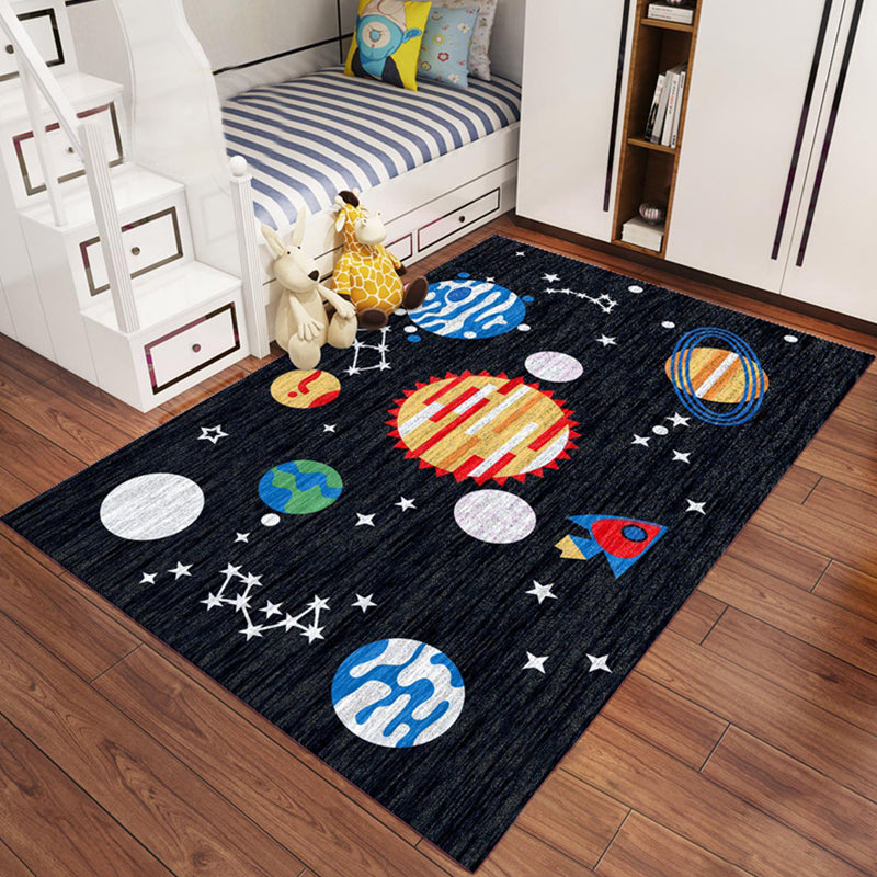 Kids Outer Space Pattern Rug Green and Black Polyester Rug Non-Slip Backing Washable Pet Friendly Carpet for Bedroom - Black - Clearhalo - 'Area Rug' - 'Rug' - 1947656