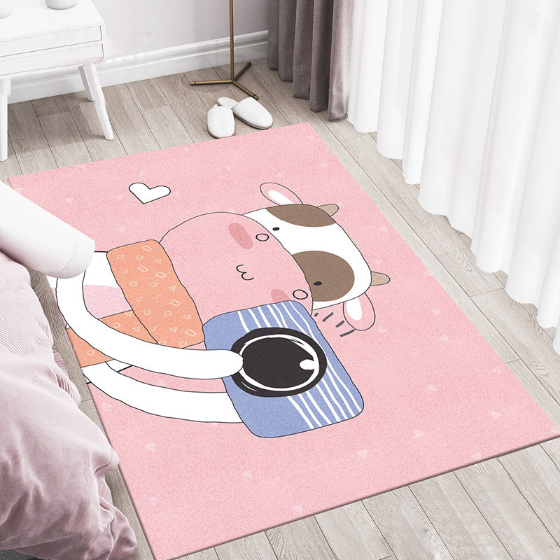 Multicolor Cartoon Animal Pattern Rug Polyester Kids Rug Washable Anti-Slip Pet Friendly Area Rug for Bedroom - Pink - Clearhalo - 'Area Rug' - 'Rug' - 1947677