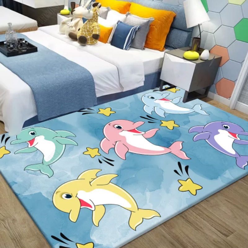 Multicolor Dolphin Pattern Rug with Star Polyester Kids Rug Washable Anti-Slip Pet Friendly Area Rug for Bedroom - Blue - Clearhalo - 'Area Rug' - 'Rug' - 1947690