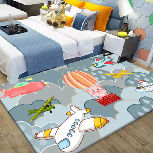 Cute Blue Kids Rug Polyester Planes and Balloon Pattern Rug Washable Pet Friendly Non-Slip Carpet for Nursery