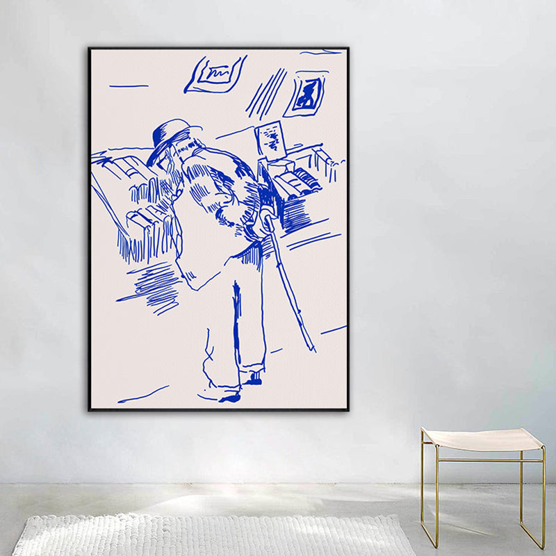 Pen Sketch Bookstore Grandpa Canvas Bedroom Illustration Figure Wall Art in Blue for Decor