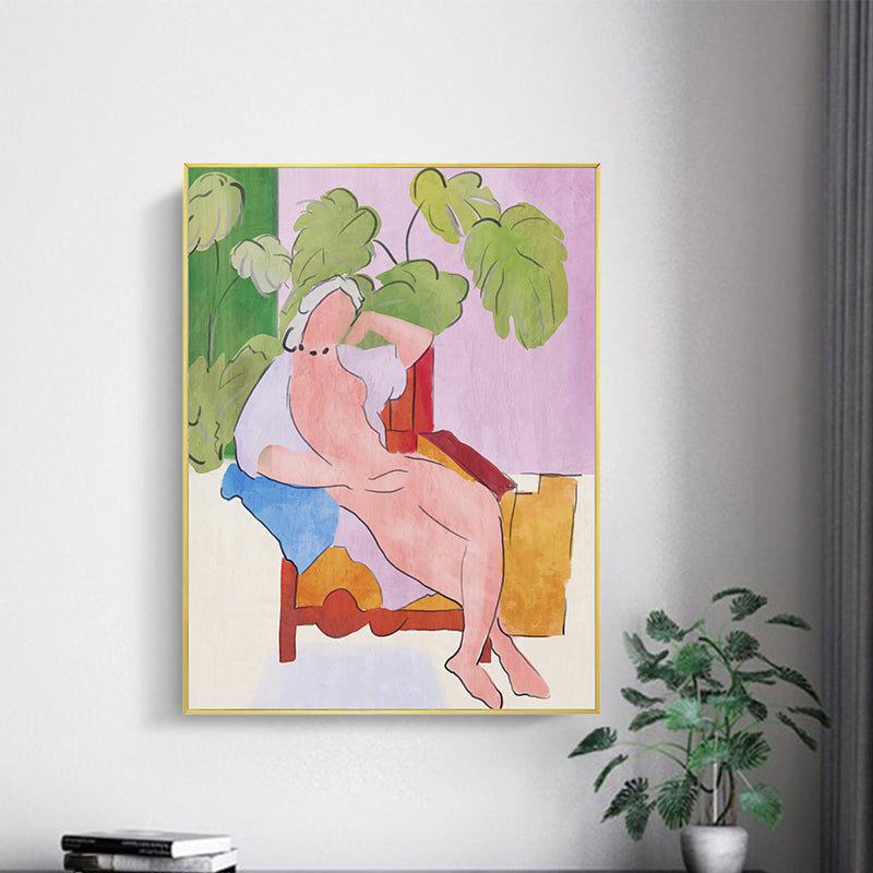 Green Pop Art Canvas Illustrated the Model Lying at Patio Wall Decor for Hallway