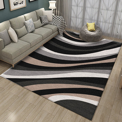 Novelty Stripe Curve Pattern Rug in Black and Grey Polyester Carpet Washable Area Rug for Living Room