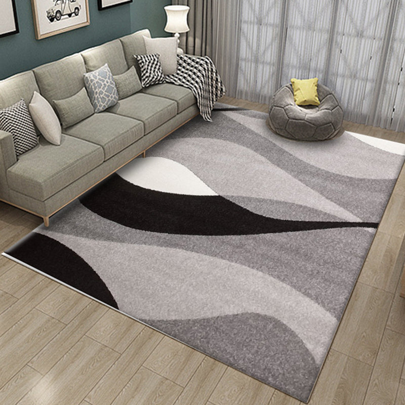 Novelty Stripe Curve Pattern Rug in Black and Grey Polyester Carpet Washable Area Rug for Living Room - view 3