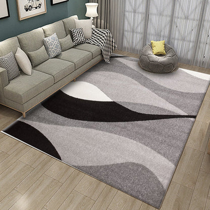 Novelty Stripe Curve Pattern Rug in Black and Grey Polyester Carpet Washable Area Rug for Living Room