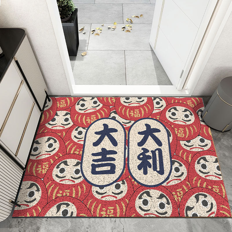 Japanese Style PVC Entrance Door Mat, Red Daruma Mat for Front Door Patio, Cute Home Decor