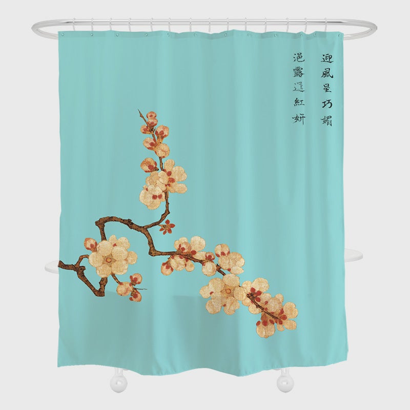 Aqua Blue Plum Blossom Shower Curtain, Asian Floral Bathroom Decor