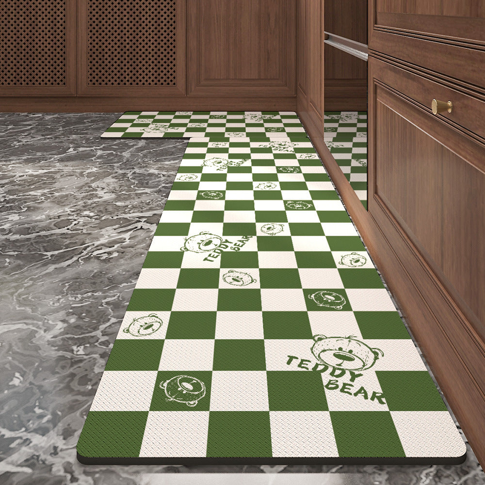 Feblilac Green White Checkerboard and Bear PVC Leather Kitchen Mat - Feblilac® Mat