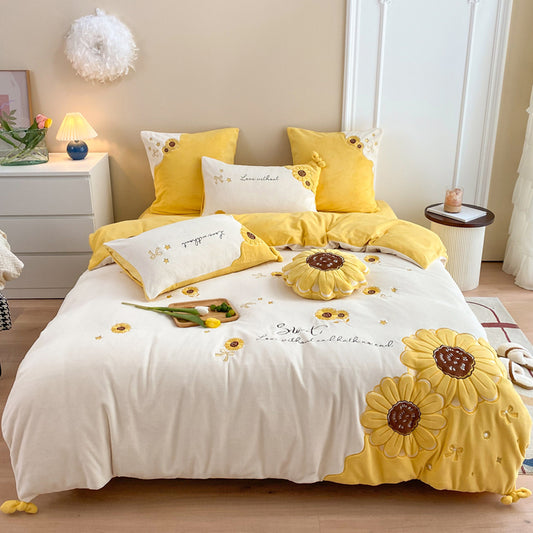 Feblilac Winter Sunflower and Animal Milk Fleece Four-Piece Bed Sets Coral Fleece Quilt Cover