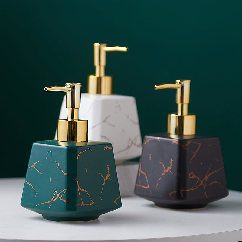 Cute Ceramic Soap Dispenser, Marble Texture Pottery Shampoo Lotion Bottle, 350ml - view 2