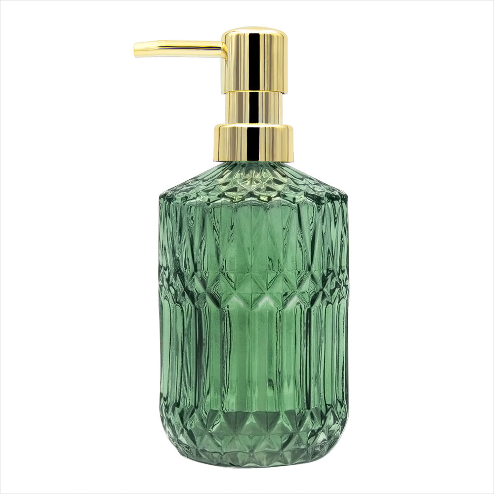 Clear Green Glass Soap Dispenser, Rhomb Pattern Pump Bottle, 400ml/14 oz