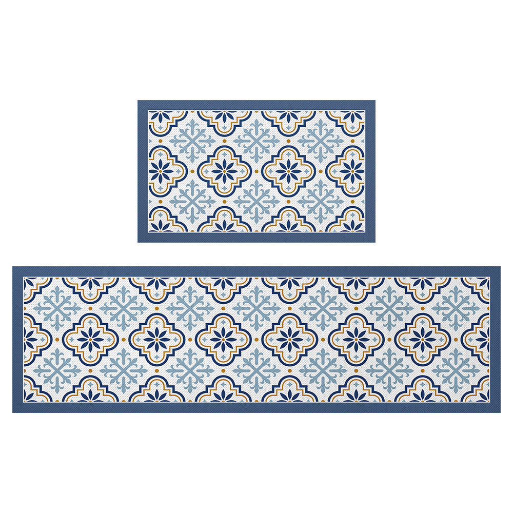 Feblilac Blue Flower Geometric Pattern PVC Leather Kitchen Mat Mom‘s Day Gift - Feblilac® Mat