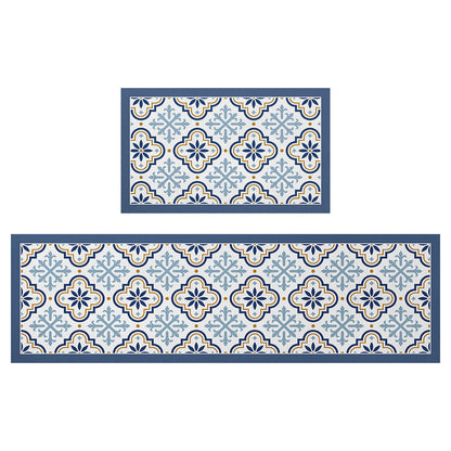 Feblilac Blue Flower Geometric Pattern PVC Leather Kitchen Mat Mom‘s Day Gift - Feblilac® Mat