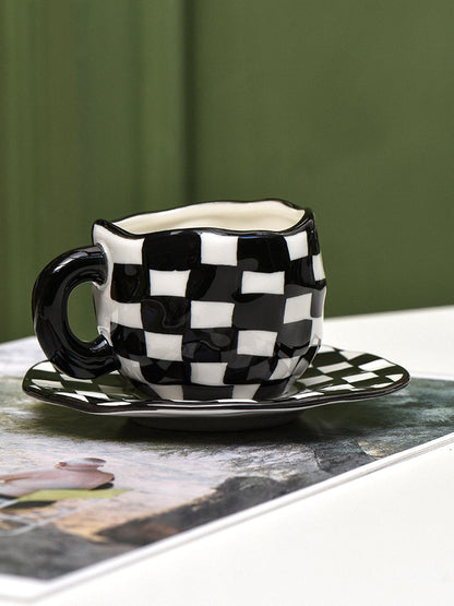 Nordic Style Checkerboard Mug, Ceramic Coffee Tea Cup with Saucer