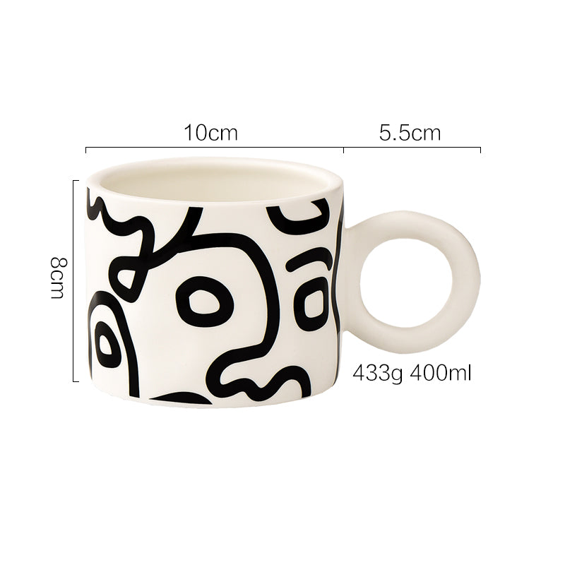 Nordic Style Graffiti Mug, Black and White Ceramic Cup for Coffee and Tea