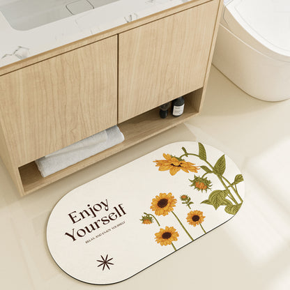 Feblilac Sunflower Oval New Tech Velvet Bathroom Mat Toilet U-Shaped Floor Mat