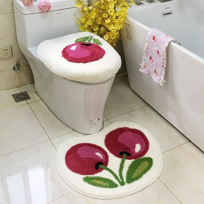 Feblilac Cherry Acrylic Fibers U-shape Bathroom Toilet Rugs and Lid Cover Toilet Seat Cover Kit