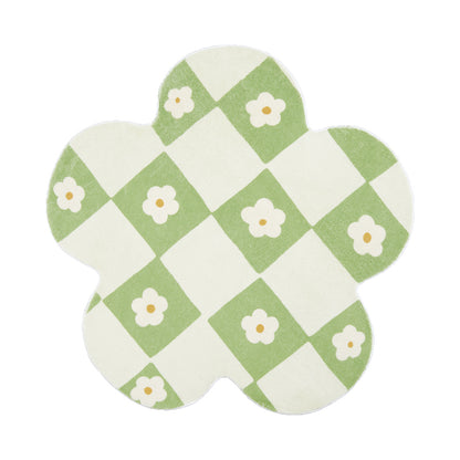Flower Printed Shaped Cream and Green Checked Mat Rug Carpet - Feblilac® Mat