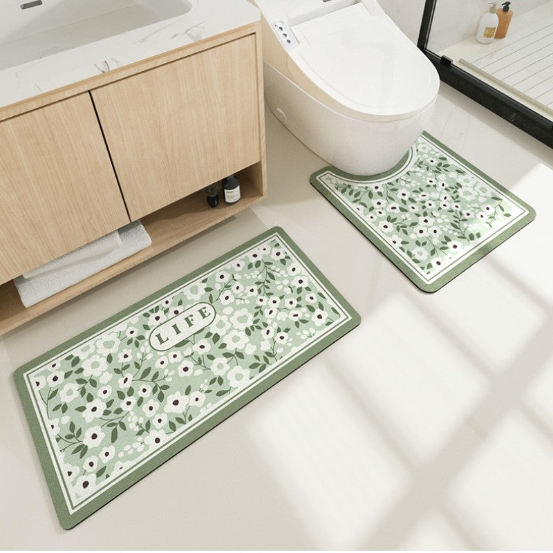 Feblilac White Flower Green Leaves Oval New Tech Velvet Bathroom Mat Toilet U-Shaped Floor Mat - view 4