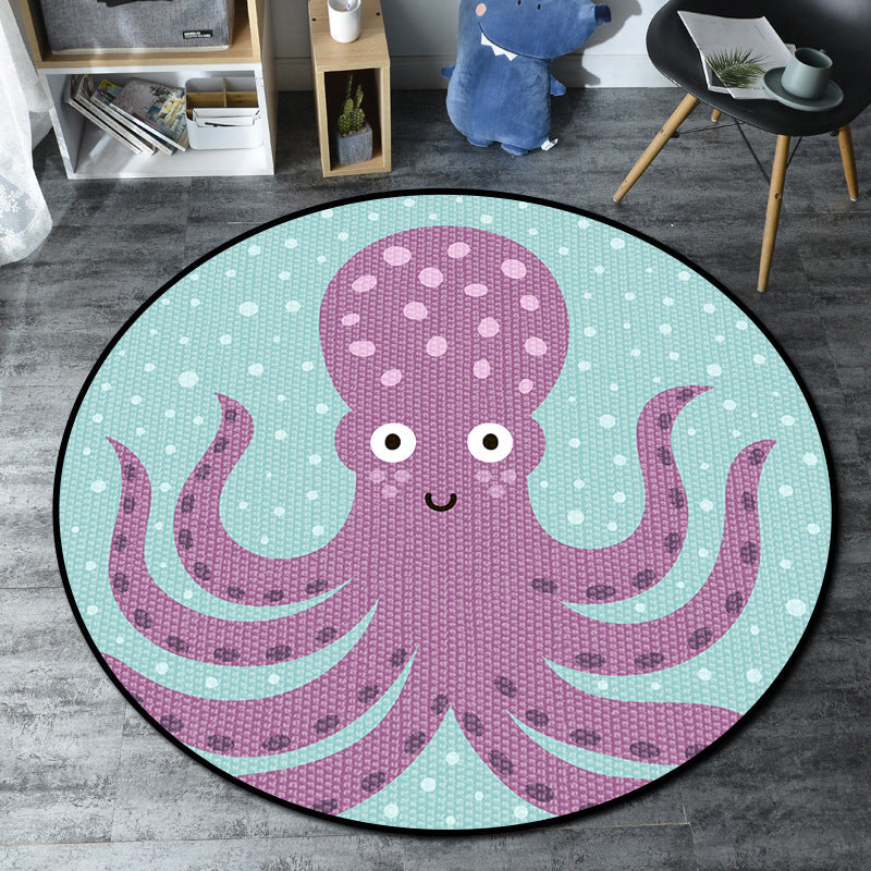 Cartoon Childrens Bedroom Rug Multi-Color Sea Life Rug Synthetics Anti-Slip Stain Resistant Washable Area Carpet