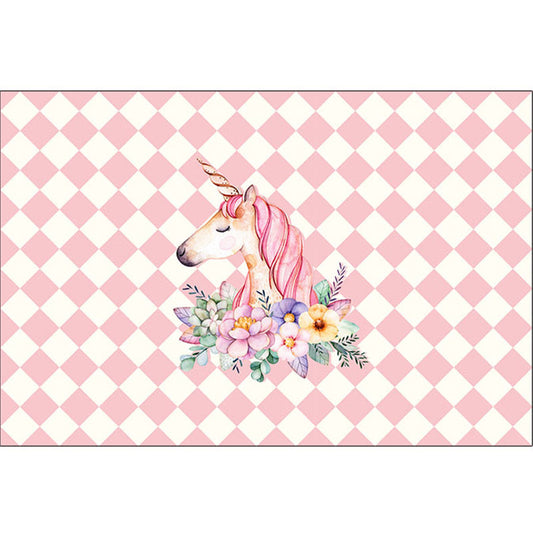 Nordic Girls Bedroom Rug Multi-Colored Unicorn and Flower Print Rug Polypropylene Pet Friendly Stain Resistant Non-Slip Indoor Rug