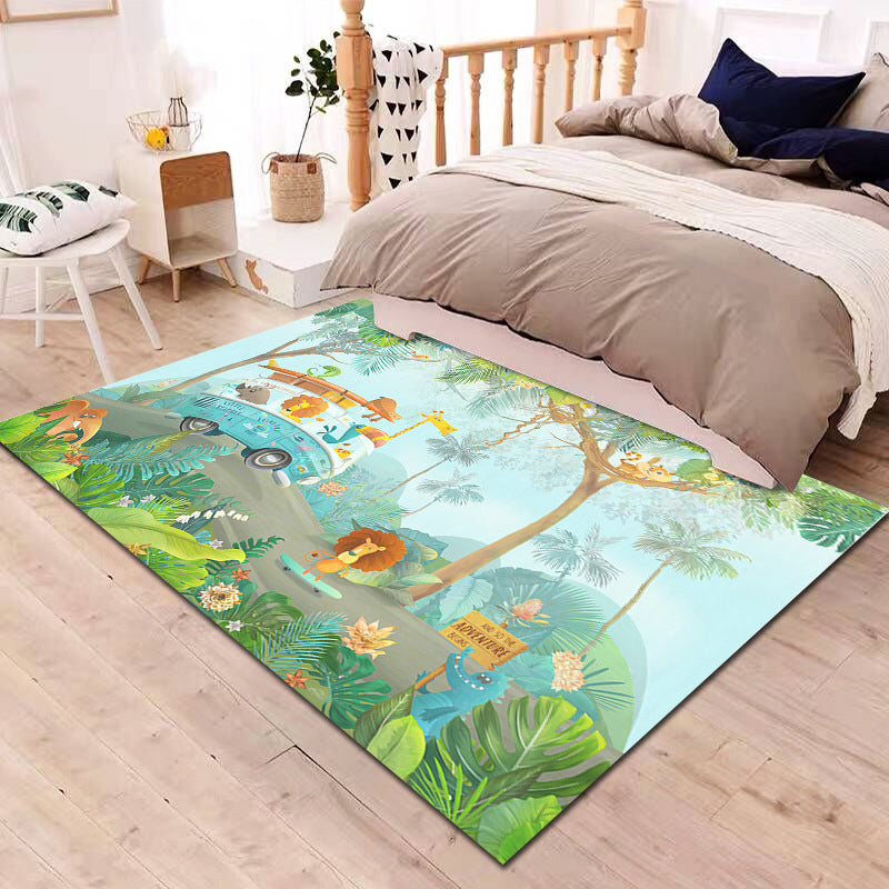 Multi-Colored Cartoon Rug Synthetics Animal Land Pattern Rug Anti-Slip Backing Machine Washable Pet Friendly Area Carpet for Baby Room - Aqua - Clearhalo - 'Area Rug' - 'Rug' - 2106320