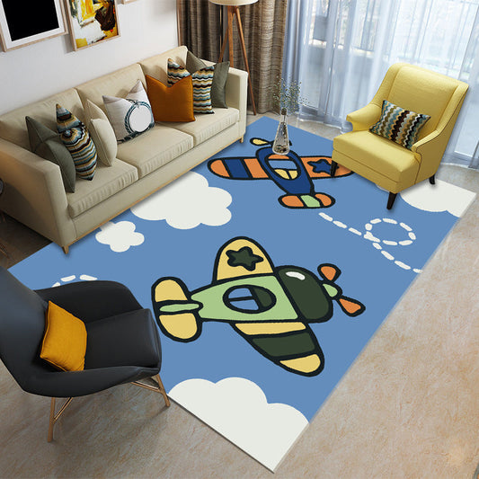 Cartoon Boys Bedroom Rug Multi-Colored Spacecraft Pattern Rug Polyester Stain Resistant Anti-Slip Backing Pet Friendly Rug