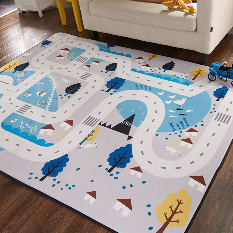 Educational Road Map Rug Grey Kids Style Carpet Polypropylene Stain Resistant Washable Anti-Slip Backing Rug for Bedroom