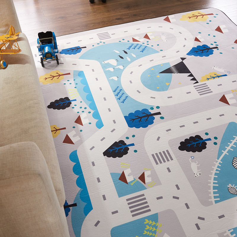 Educational Road Map Rug Grey Kids Style Carpet Polypropylene Stain Resistant Washable Anti-Slip Backing Rug f - view 2