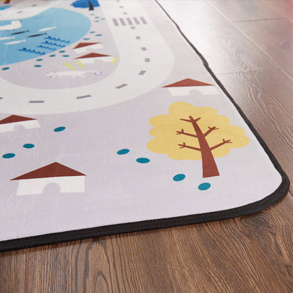 Educational Road Map Rug Grey Kids Style Carpet Polypropylene Stain Resistant Washable Anti-Slip Backing Rug for Bedroom