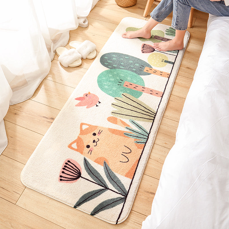 Green Kids Rug Synthetics Cat in the Woods Pattern Carpet Pet Friendly Machine Washable Non-Slip Backing Rug for Bedroom