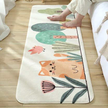 Green Kids Rug Synthetics Cat in the Woods Pattern Carpet Pet Friendly Machine Washable Non-Slip Backing Rug for Bedroom