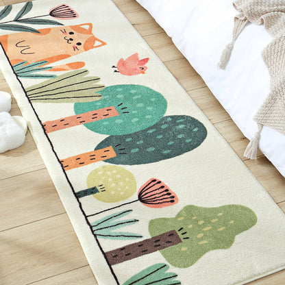 Green Kids Rug Synthetics Cat in the Woods Pattern Carpet Pet Friendly Machine Washable Non-Slip Backing Rug for Bedroom