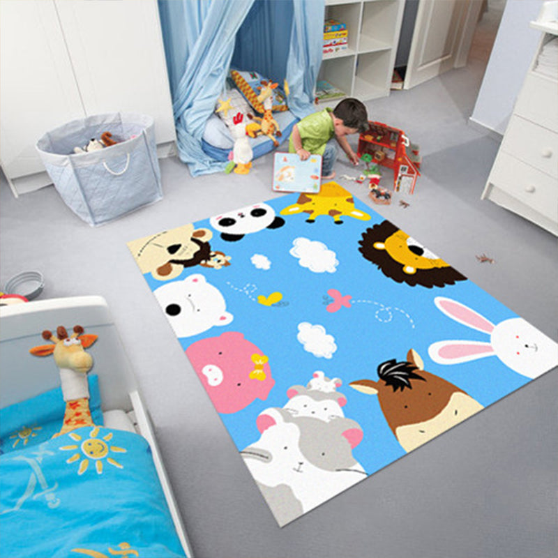 Cartoon Kindergarten Area Rug Multi Colored Animal Pattern Rug Polypropylene Non-Slip Backing Pet Friendly Washable Rug