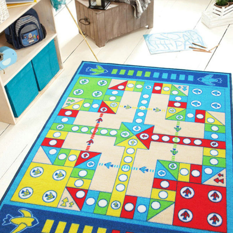 Playable Kids Rug Blue Aeroplane Chess Game Rug Non-Slip Backing Pet Friendly Stain Resistant Carpet for Kindergarten - Clearhalo - 'Area Rug' - 'Rug' - 2106520