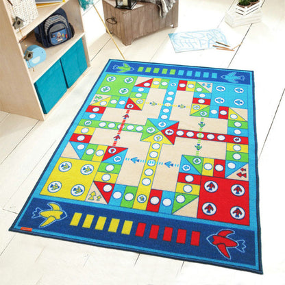 Playable Kids Rug Blue Aeroplane Chess Game Rug Non-Slip Backing Pet Friendly Stain Resistant Carpet for Kindergarten - Blue - 3'3" x 4'3" - Clearhalo - 'Area Rug' - 'Rug' - 2106524