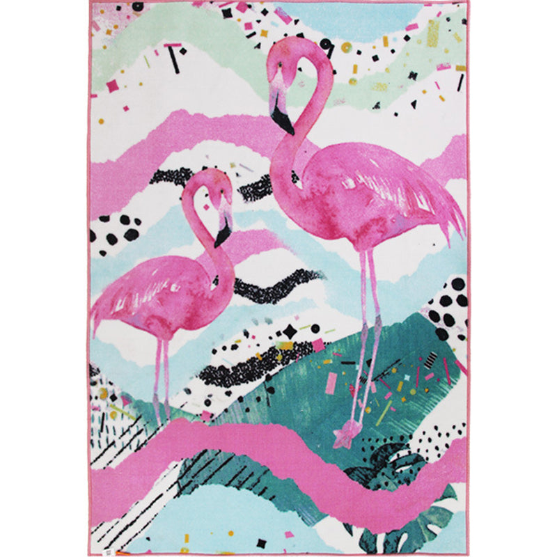 Decorative Childrens Art Rug Multi-Color Flamingo Drawing Rug Non-Slip Backing Pet Friendly Machine Washable Rug for Room