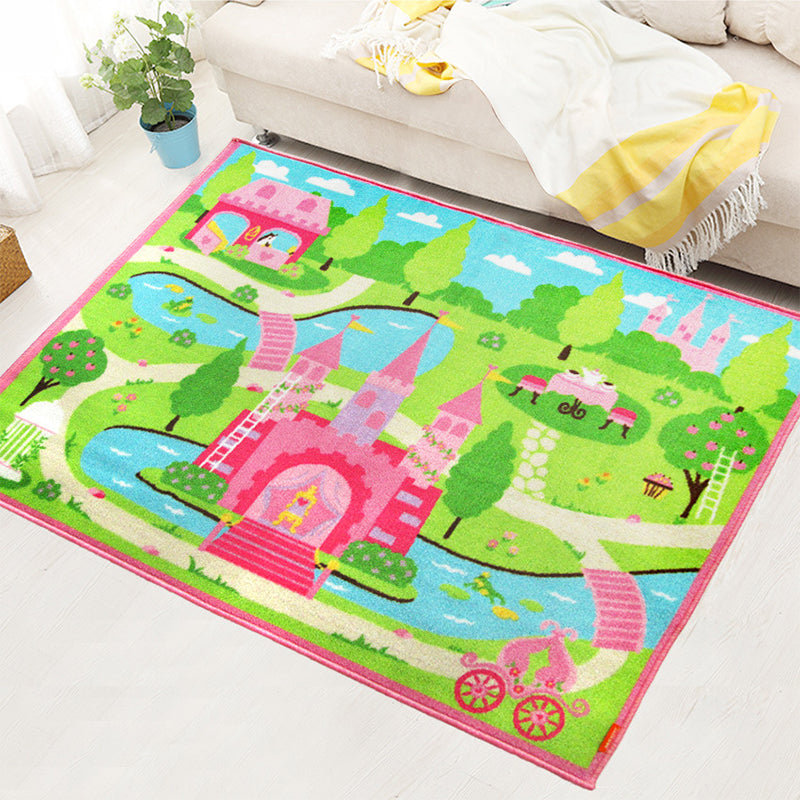 Cute Castle Landscape Print Rug Pink Cartoon Area Carpet Synthetics Stain Resistant Anti-Slip Backing Washable Rug for Kids Room