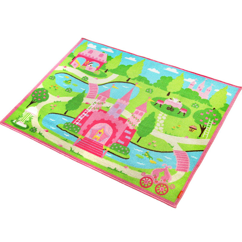 Cute Castle Landscape Print Rug Pink Cartoon Area Carpet Synthetics Stain Resistant Anti-Slip Backing Washable