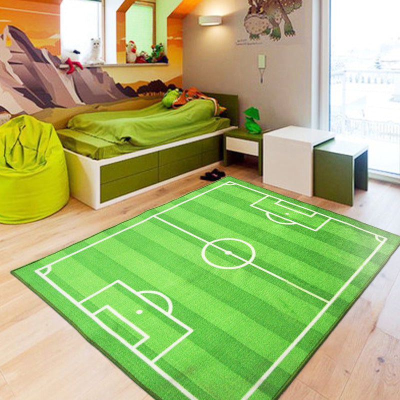 Green Football Pitch Pattern Rug Polyester Kids Carpet Stain Resistant Anti-Slip Pet Friendly Rug for Boys Bed - view 2