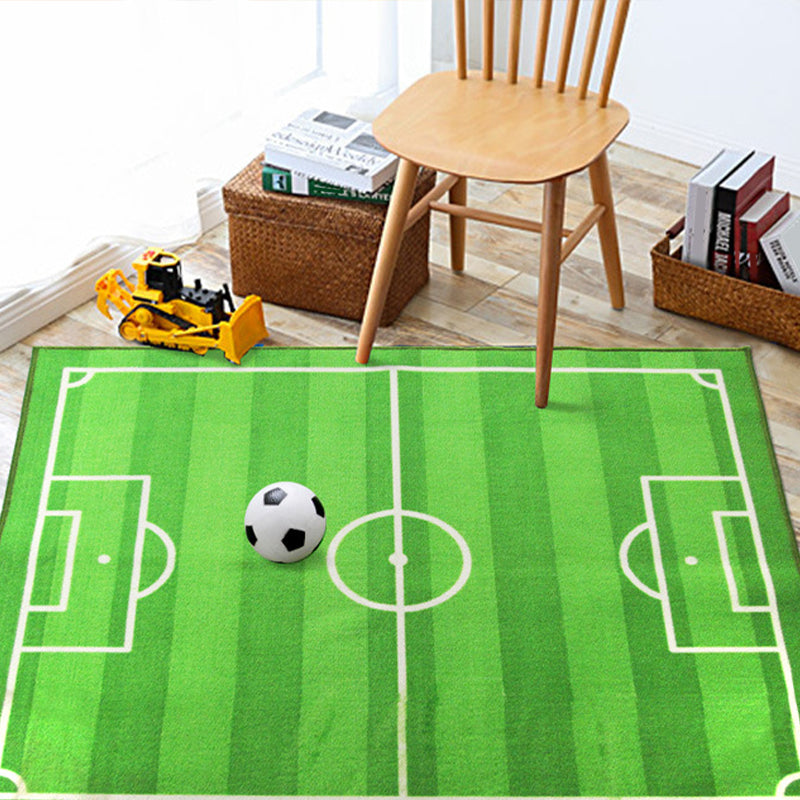 Green Football Pitch Pattern Rug Polyester Kids Carpet Stain Resistant Anti-Slip Pet Friendly Rug for Boys Bedroom
