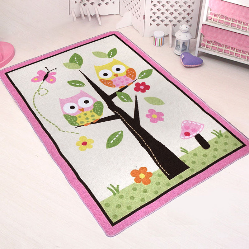 Pink Owl Drawing Print Rug Polyester Cartoon Rug Anti-Slip Backing Machine Washable Pet Friendly Carpet for Nursery - Clearhalo - 'Area Rug' - 'Rug' - 2106547