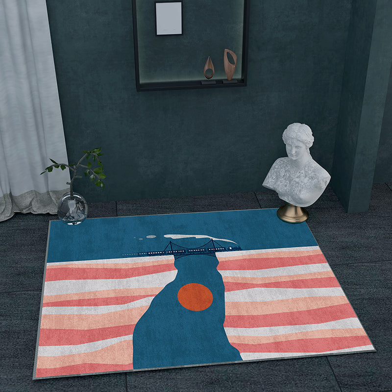 Novelty Minimalist Rug Multi Color Abstract Landscape Drawing Rug Stain Resistant Washable Anti-Slip Backing Rug for Room